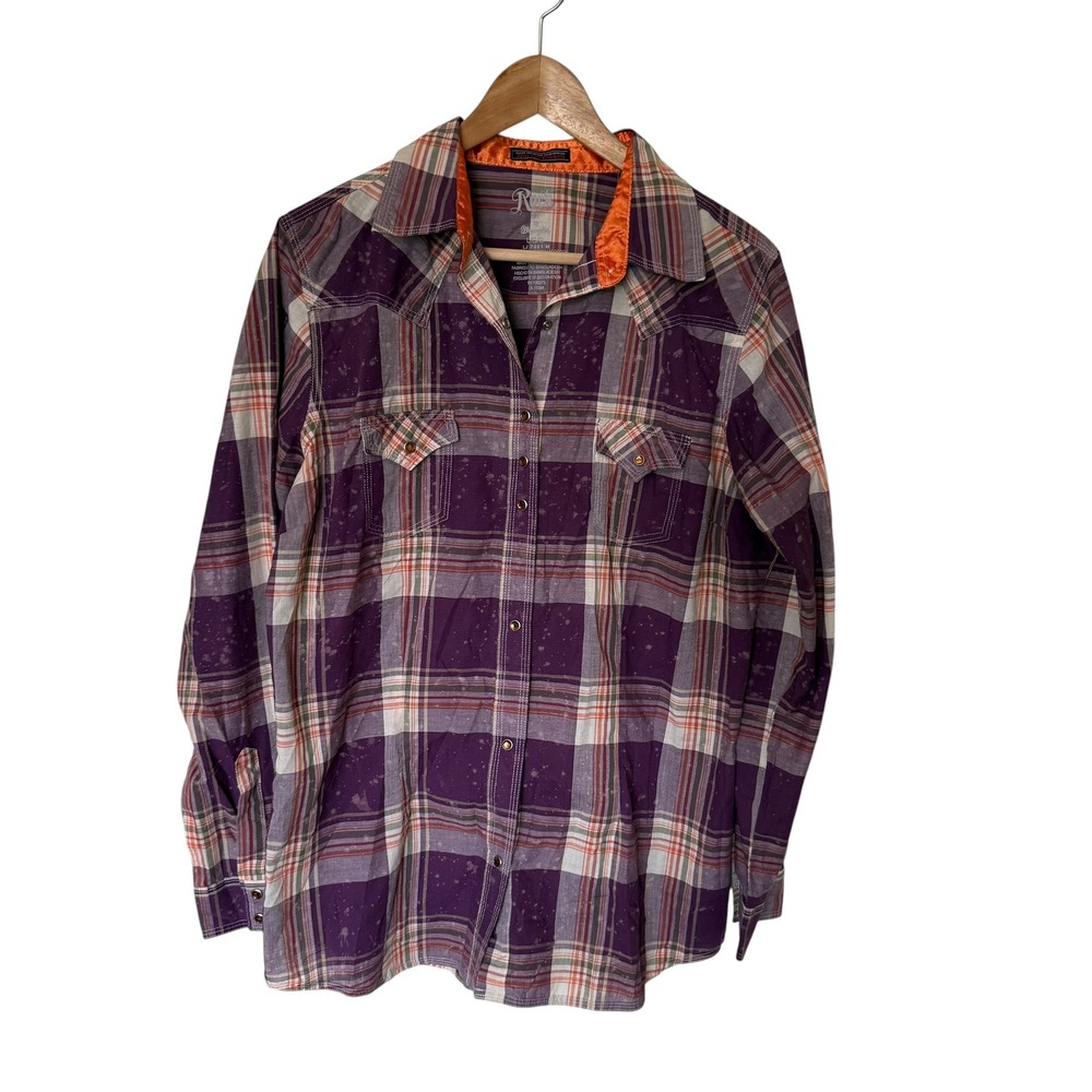 Wrangler Rock 47 Western Snap Shirt Womens Large Purple Plaid Acid Wash Exc.